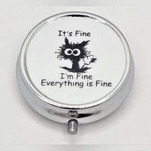 Metal 3 Compartment Travel Pill Box Funny Black Cat “Everything Is Fine”